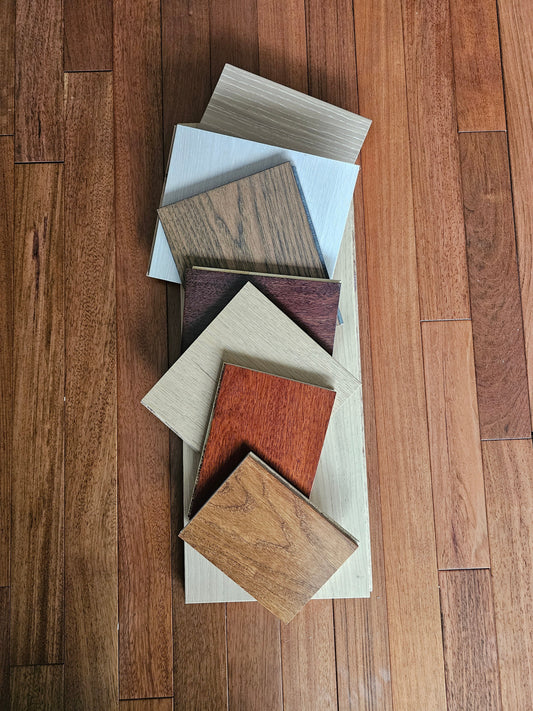 Engineered Hardwood flooring samples stacked atop eachother