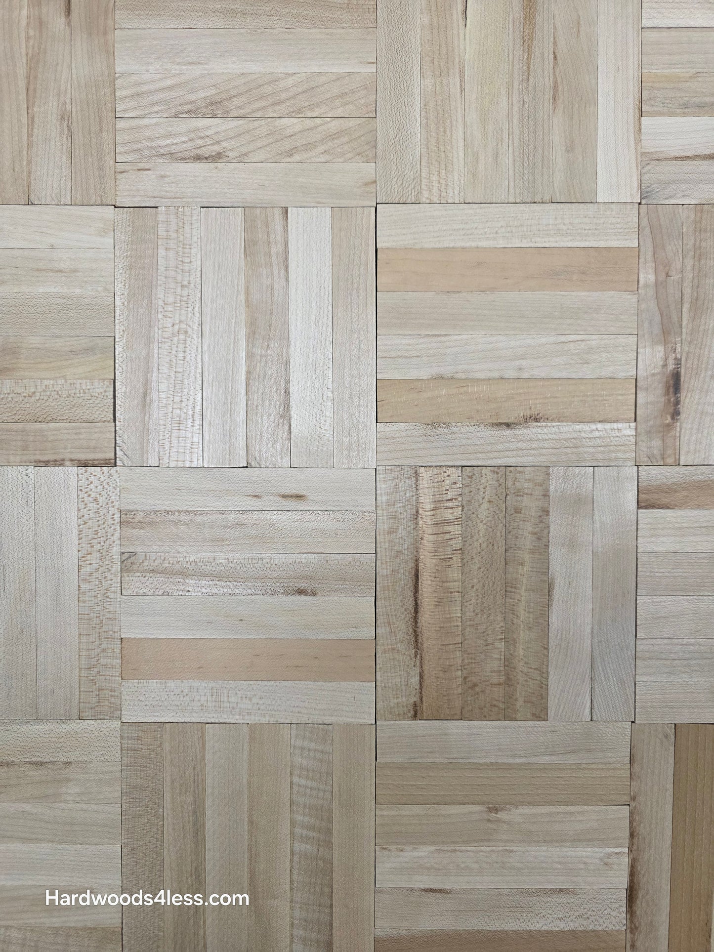 11" x 11" x 5/16" Unfinished Maple 6-slat Parquet Hardwood Flooring. Shown very close up.
