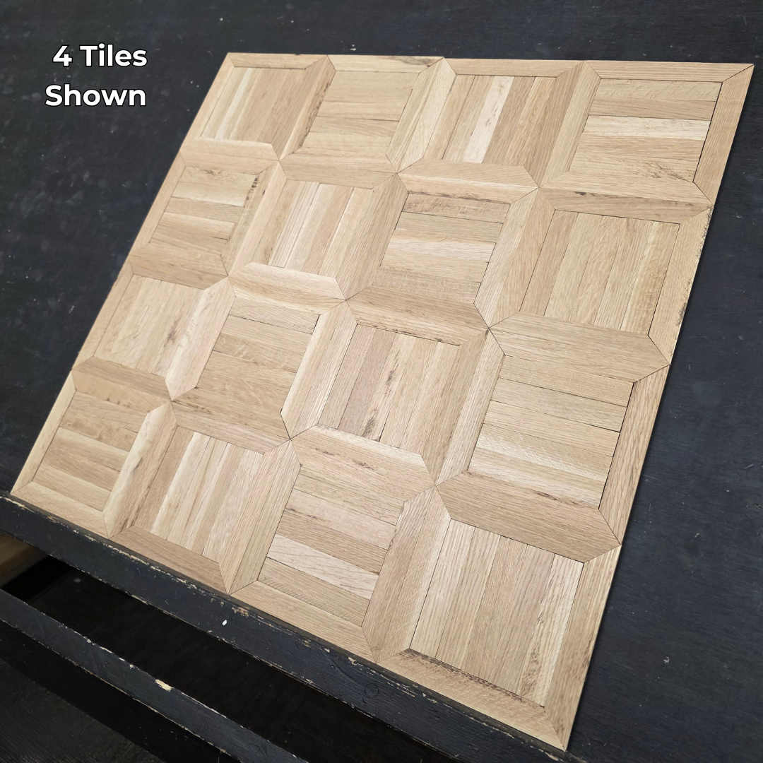 13 5/16" x 13 5/16" x 5/16" Unfinished White Oak Monticello Parquet Flooring. Shown as 4 tiles.
