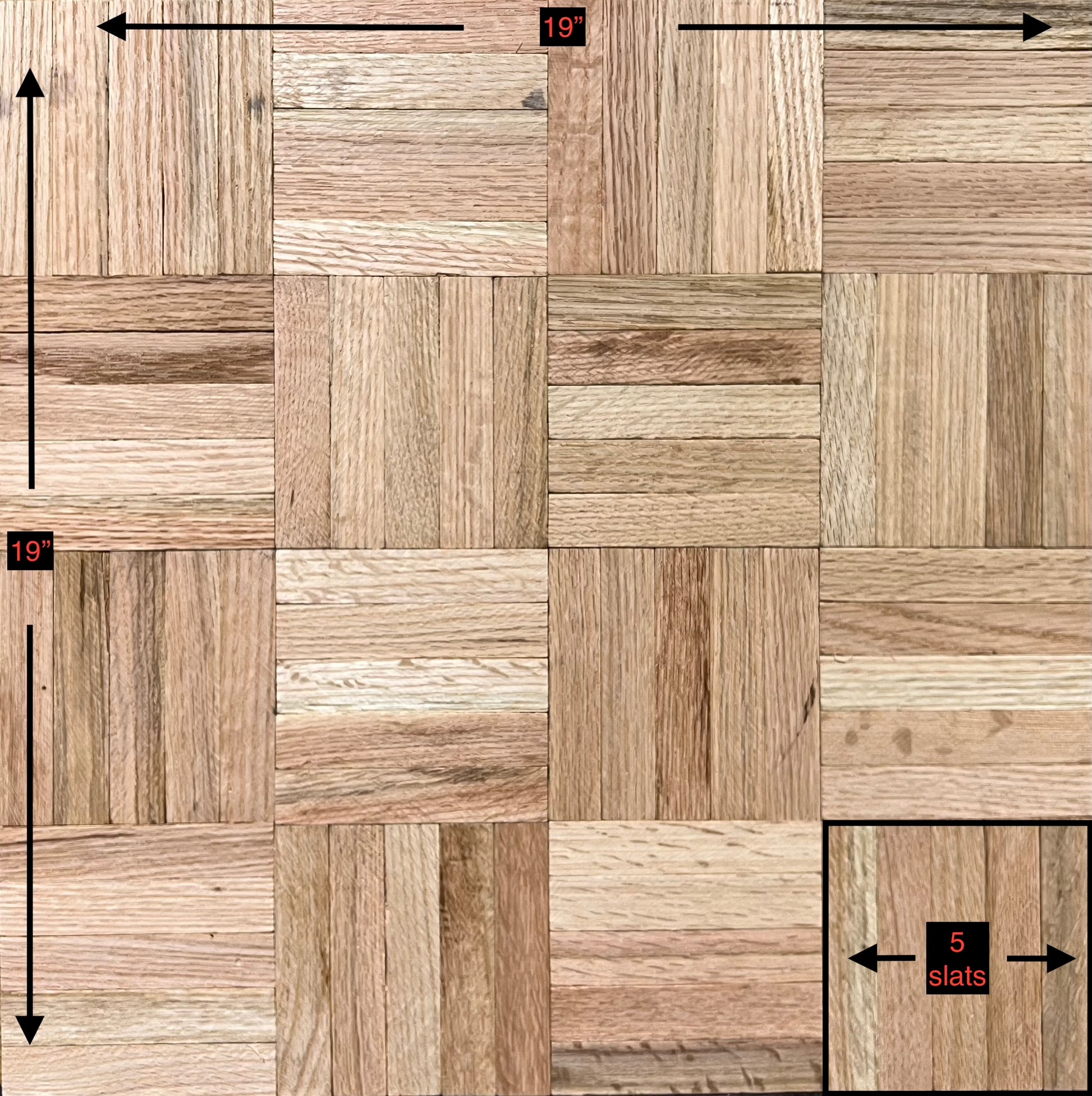 Unfinished Red Oak 5-slat Parquet Hardwood Flooring shown with dimensions