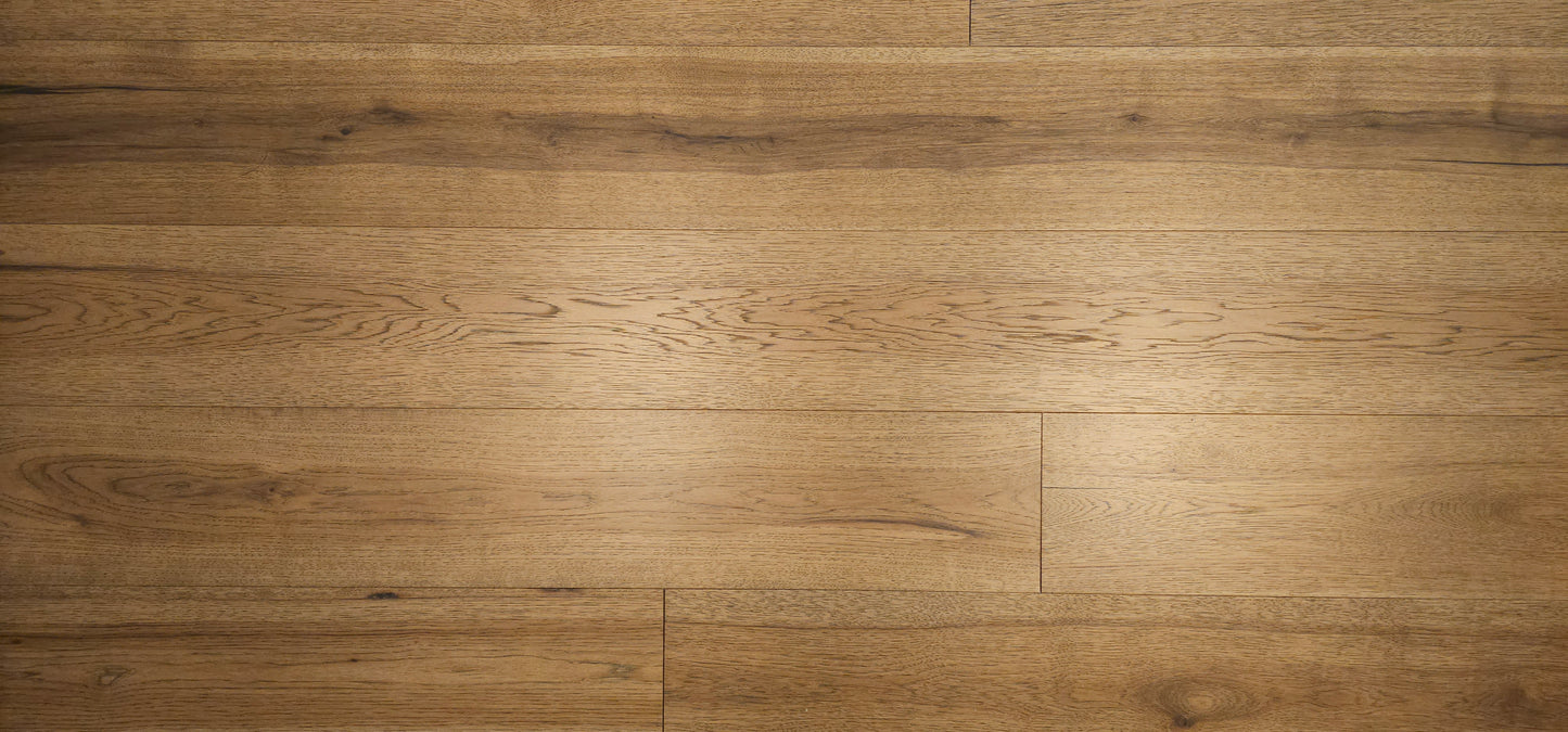 9 1/2" x 5/8" Engineered Hickory Weber (Pigeon Forge) Hardwood Flooring. Wide lens close up.