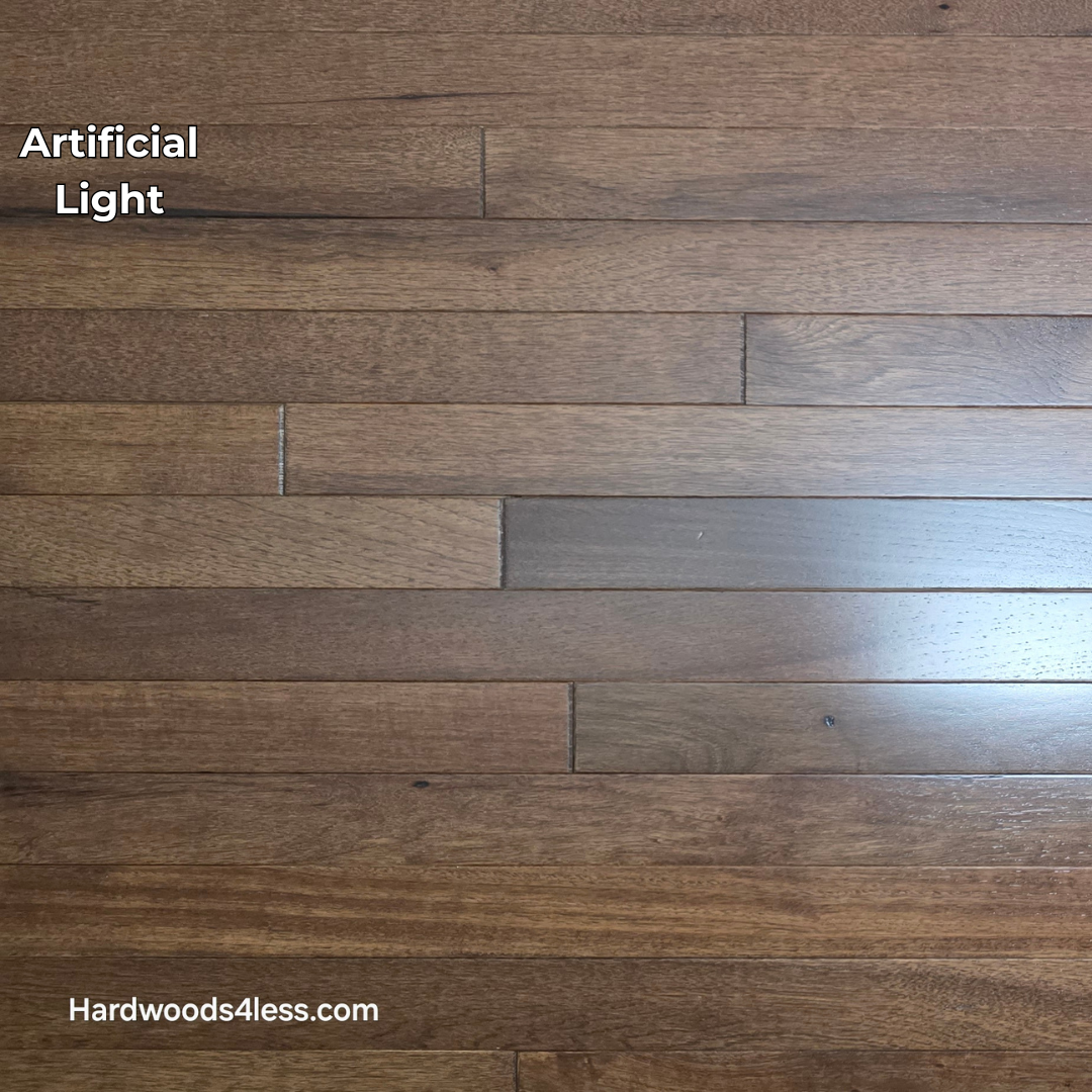 2 1/4" x 3/4" Hickory Nubuck Hardwood Flooring shown in artificial lighting.