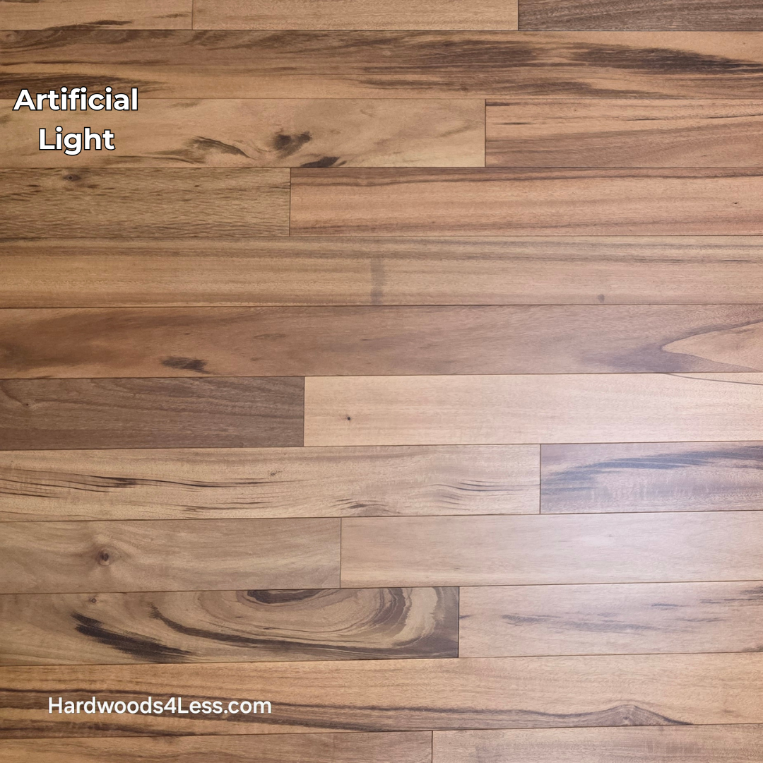 3 1/4" x 3/8" Engineered Tigerwood Hardwood Flooring. Shown in artificial lighting.