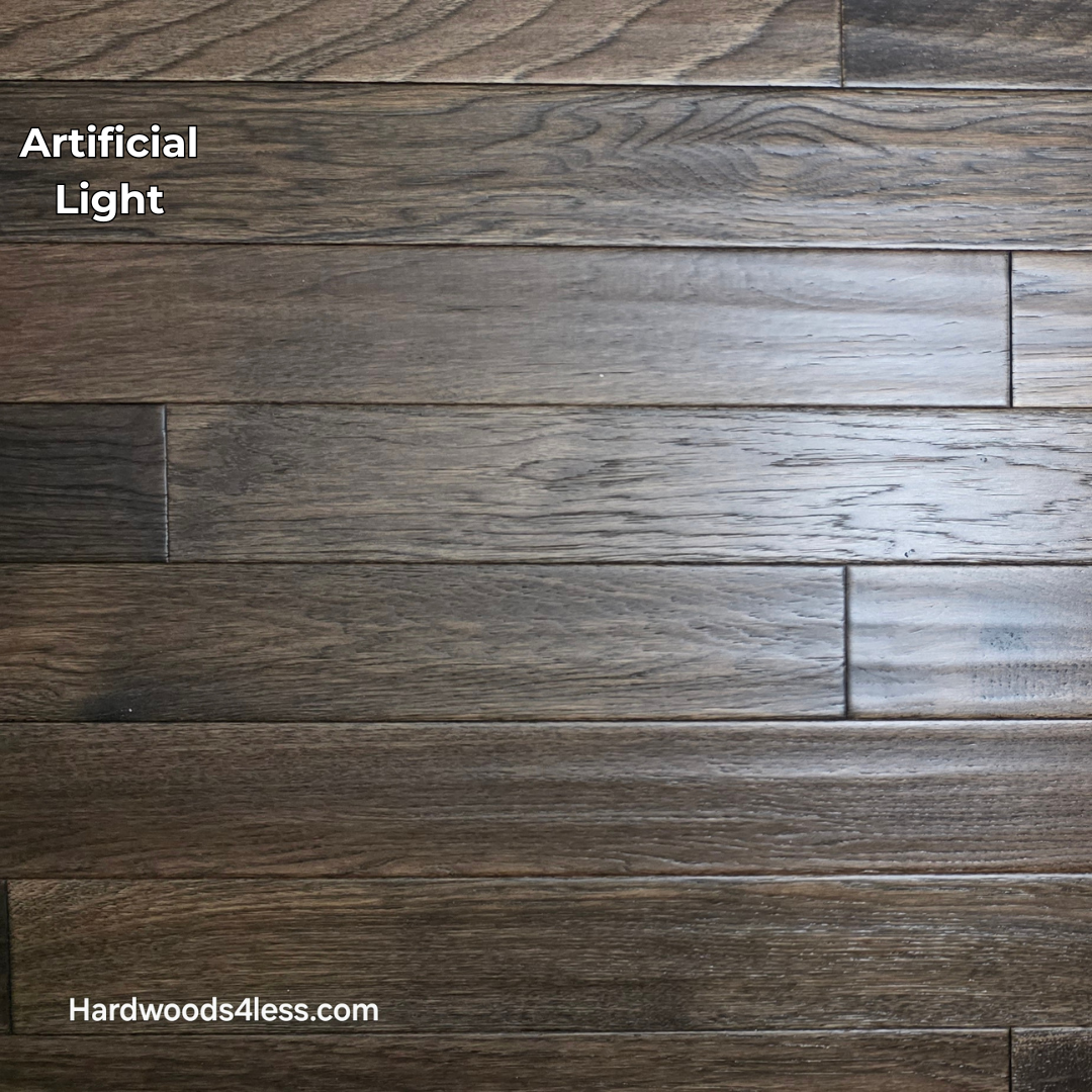 3 3/4" x 3/4" Solid Hickory Prescott Hardwood Flooring. Shown in artificial lighting.