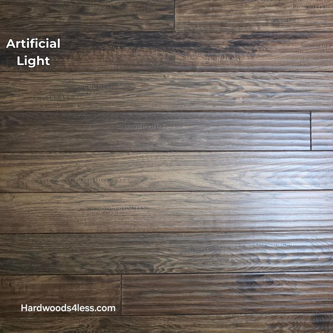 4" x 3/4" Hickory Calico Hardwood Flooring. Shown in artificial lighting.