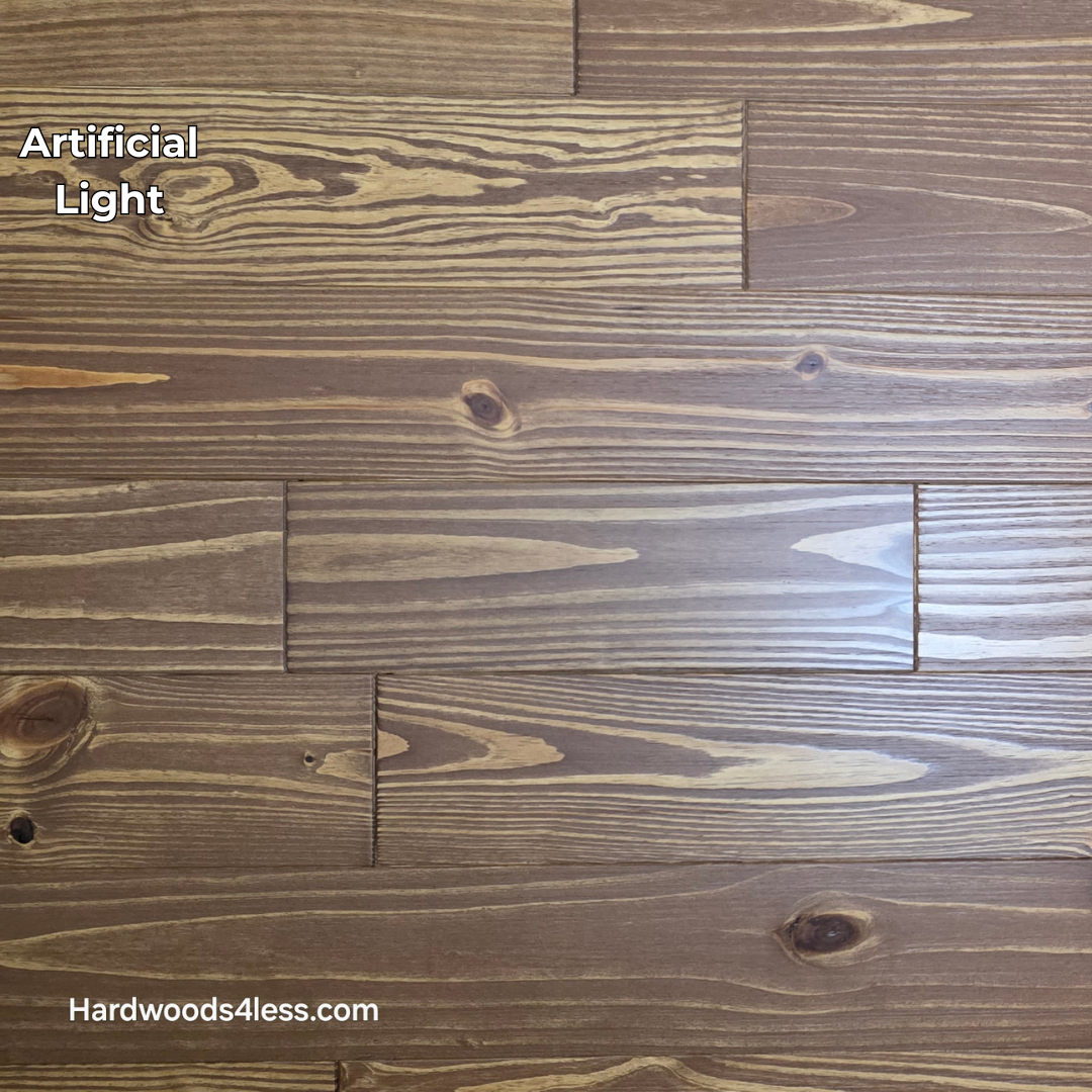 5 1/8" x 3/4" Southern Yellow Pine Nectar Solid Hardwood Flooring. Shown  in artificial lighting.