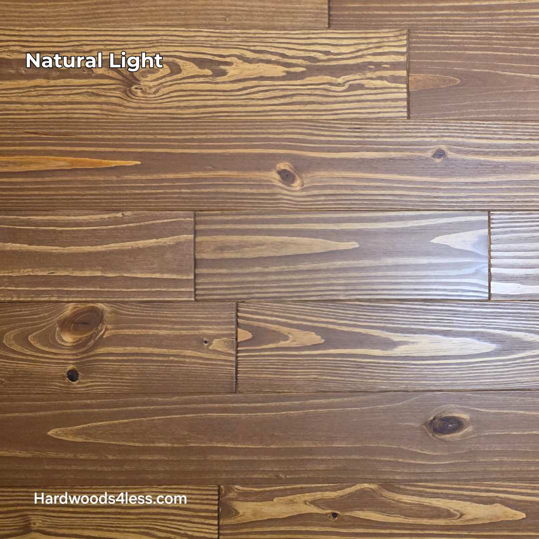 5 1/8" x 3/4" Southern Yellow Pine Nectar Solid Hardwood Flooring. Shown  in natural lighting.