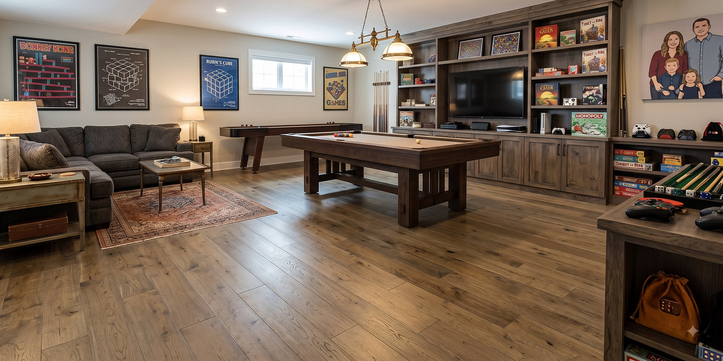 5" x 3/8" Engineered White Oak Cattleman Shown in a Family Room Setting