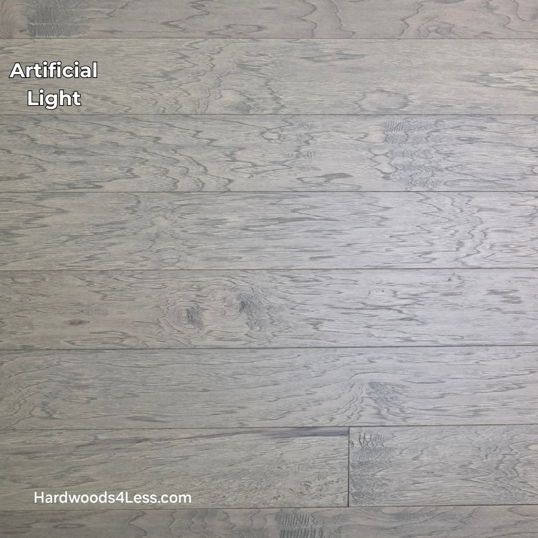 5" x 1/2" Engineered Hickory Flagstone Hardwood Flooring. Shown in artificial lighting.