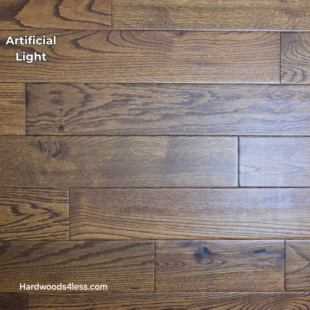 5" x 3/4" Solid Red Oak Affogato Hardwood Flooring. Shown in artificial lighting.
