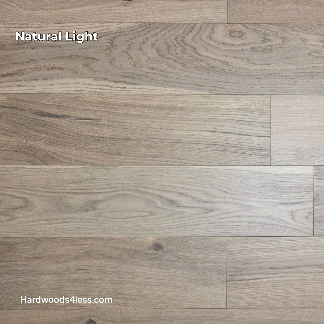6 1/2" x 1/2" Engineered European White Oak Mojito Hardwood Flooring. Shown in natural lighting.