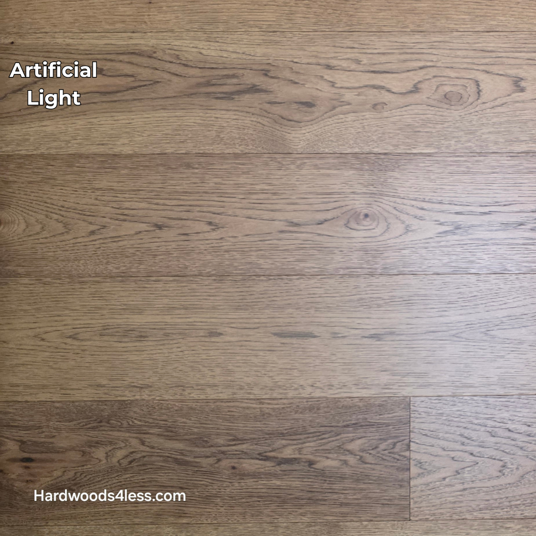 7 1/2" x 9/16" Engineered Hickory English Toffee Hardwood Flooring. Shown in artificial lighting.