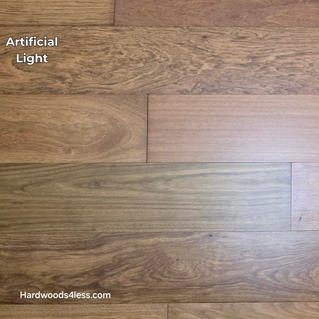 7" x 9/16" Engineered Brazilian Cherry Hardwood Flooring. Shown in Artificial lighting.