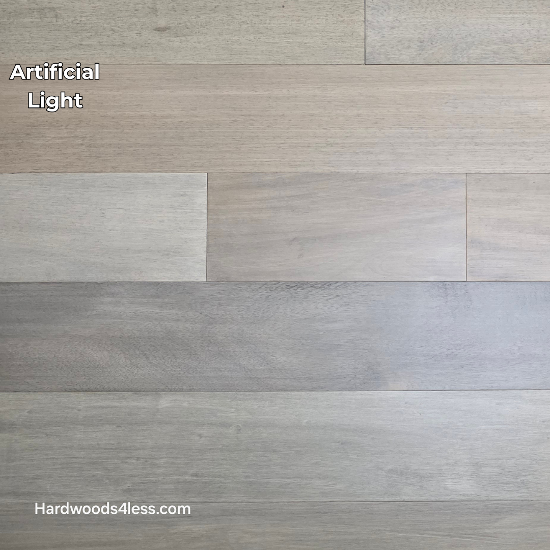 7" x 9/16" Engineered Brazilian Oak Pyrite Hardwood Flooring. Shown in Artificial lighting.