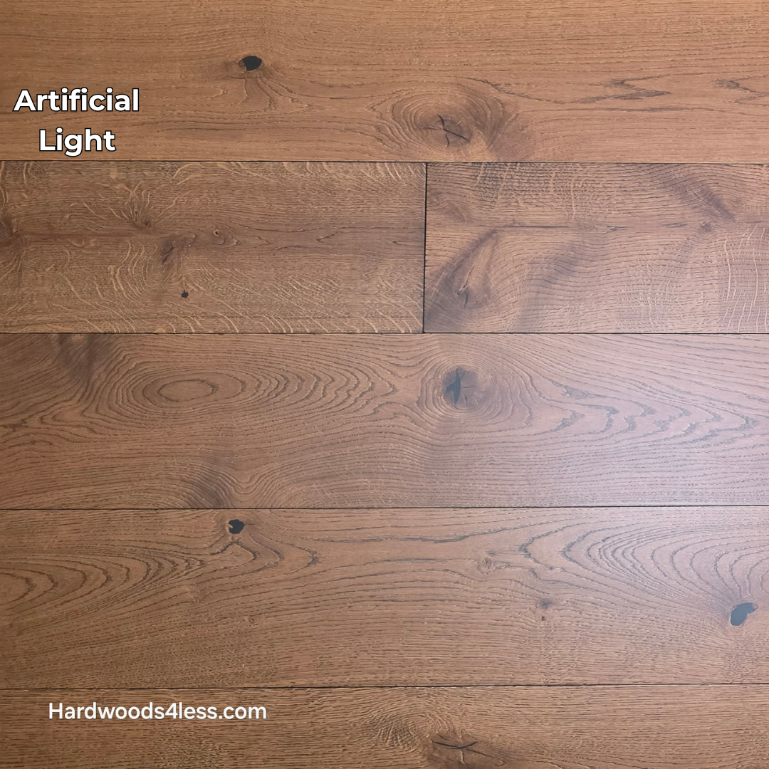 8 1/4" x 9/16" Engineered European Oak Corinth Hardwood Flooring. Shown in artificial lighting.