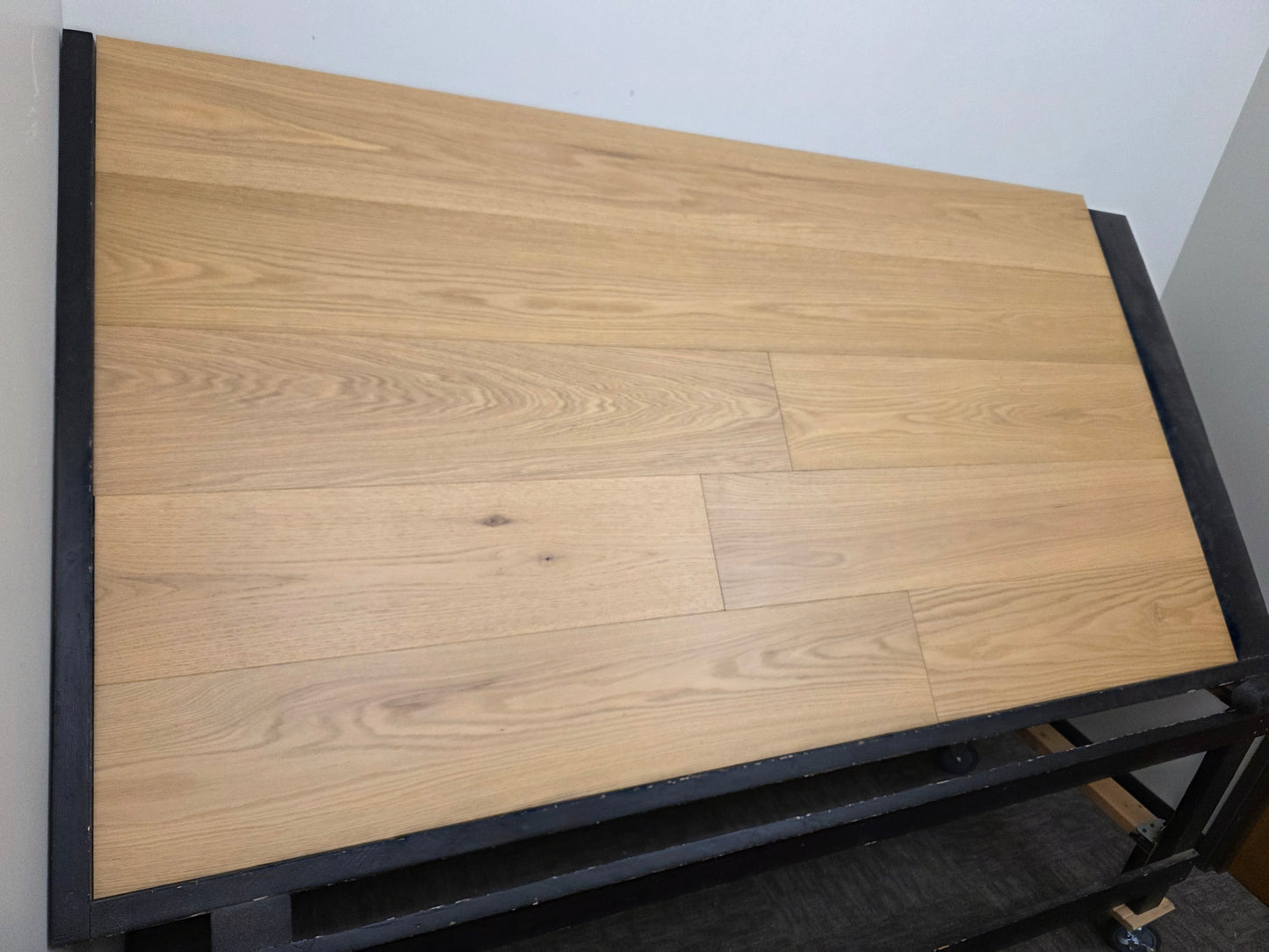 9 1/2" x 5/8" Engineered Red Oak Oberon Hardwood Flooring left angle shot on black rack