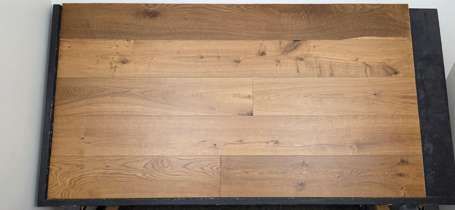 Engineered European Oak Titan Hardwood Flooring on a black racking table shot straight on