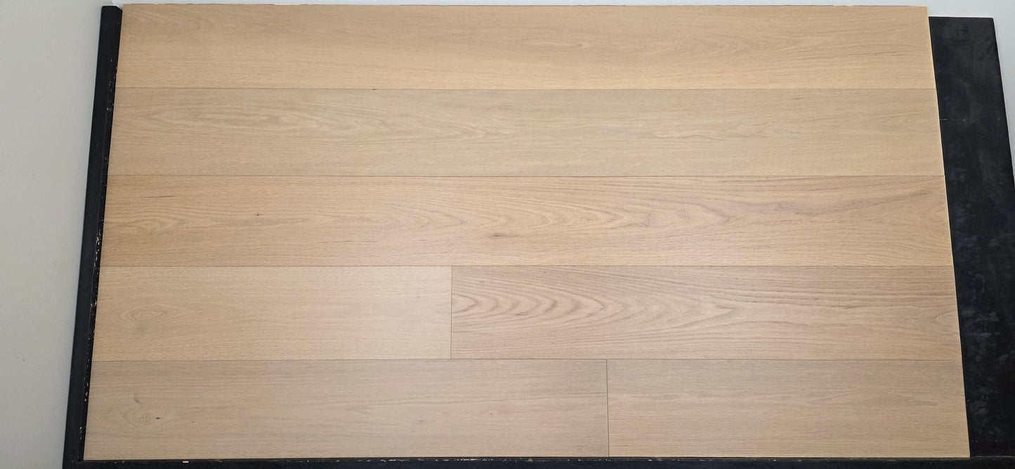 9 1/2" x 5/8" Engineered Red Oak Ophelia Hardwood Flooring on a black racking table. head on shot
