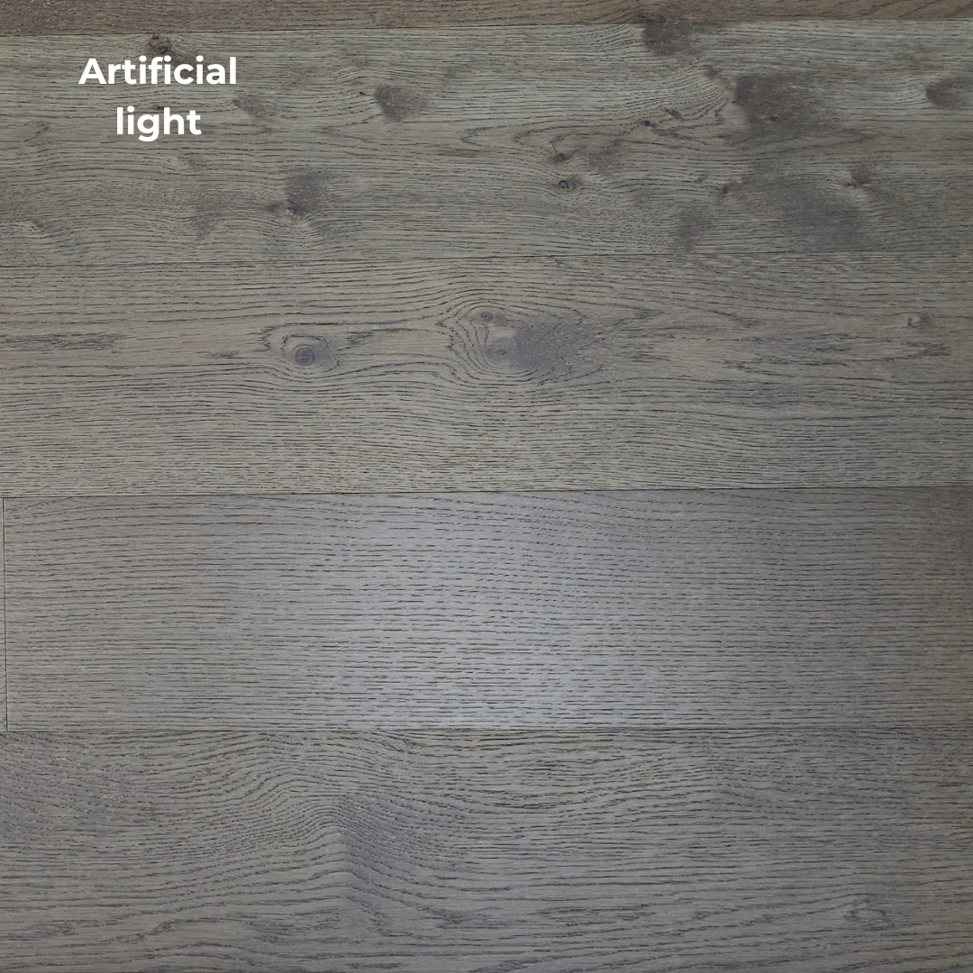 7 1/2" x 3/8" Engineered European White Oak Clayton Hardwood Flooring shown in artificial lighting