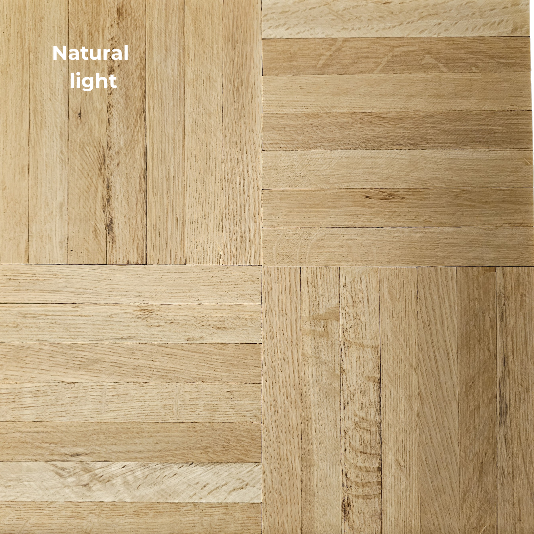 Unfinished White Oak 7-slat Parquet Hardwood Flooring shown in natural lighting