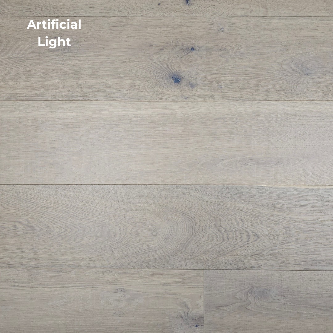 8 5/8" x 5/8" Engineered European Oak Antonia Hardwood Flooring. Shown in artificial lighting.