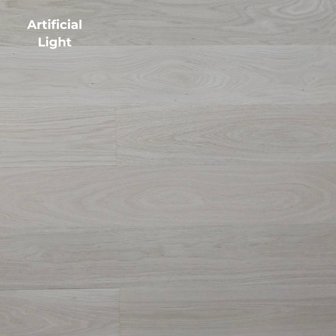 6" x 5/8" Engineered Unfinished European White Oak Select & Better Hardwood Flooring. Shown in Artificial lighting.