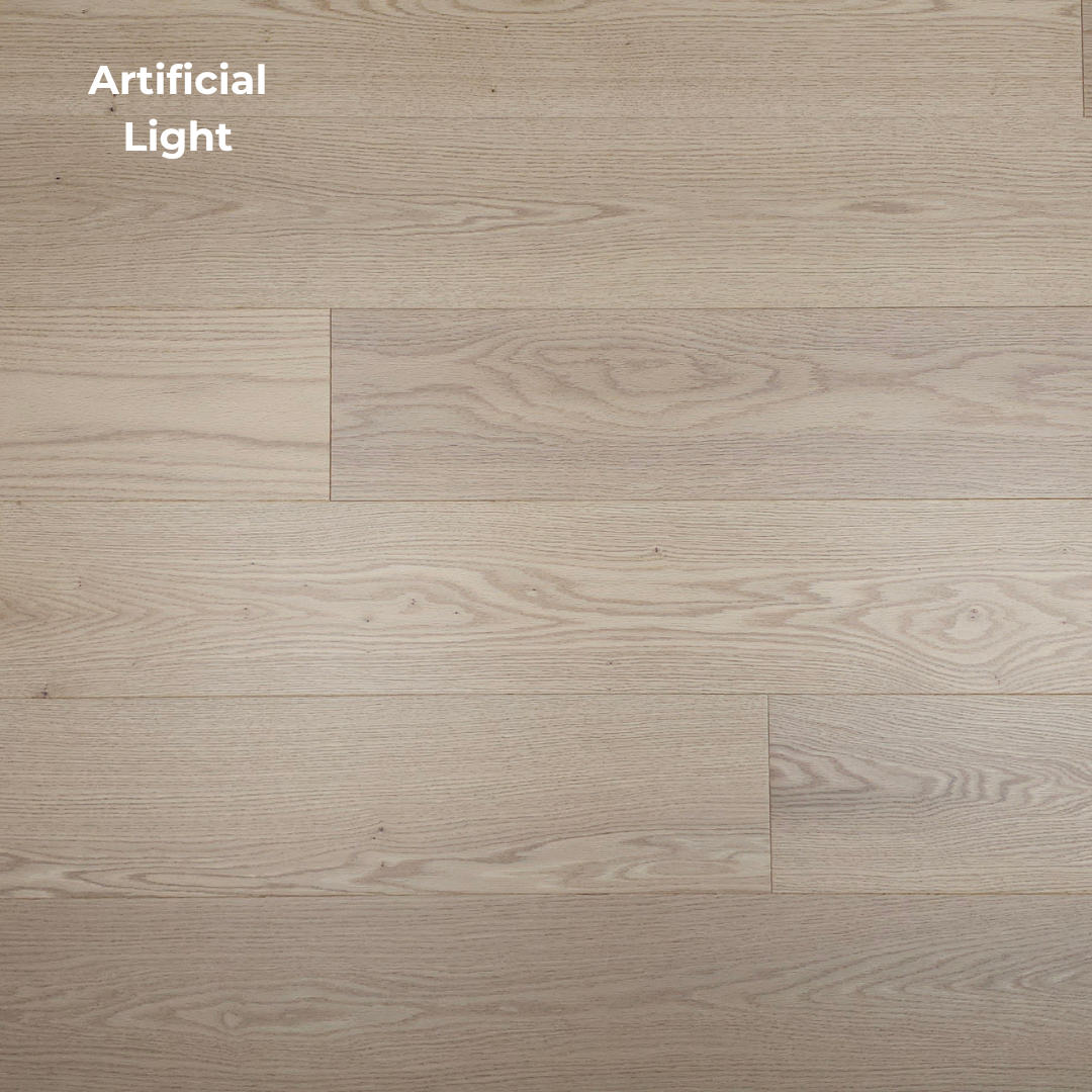 7" x 5/8" Engineered Red Oak Aldus Hardwood Flooring. Shown in Artificial lighting.