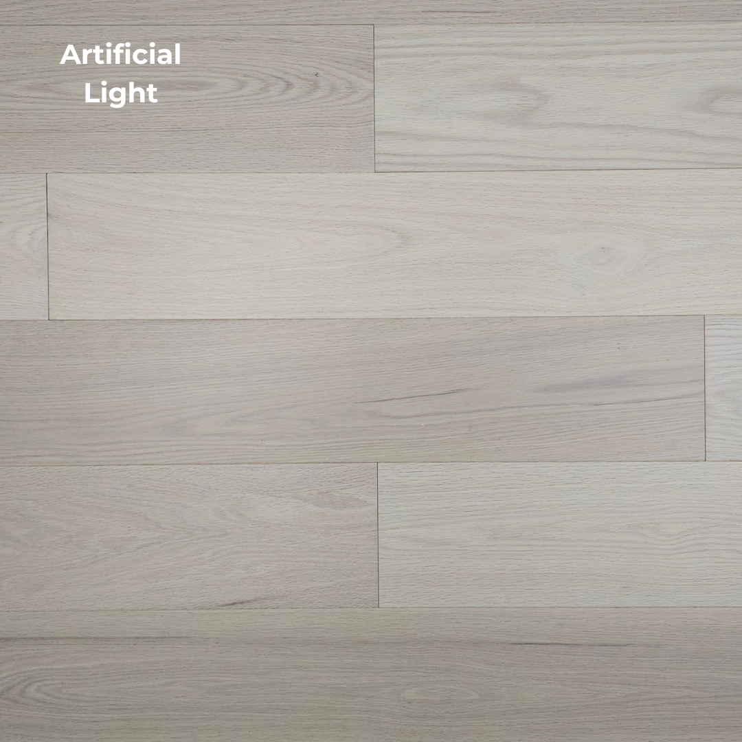 7" x 5/8" Engineered Red Oak Hudson Hardwood Flooring. Shown in Artificial lighting.