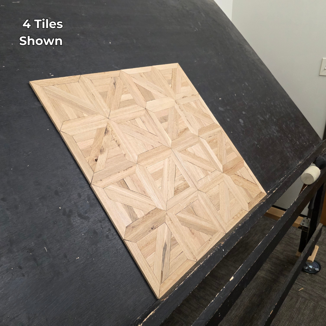 13 5/16" x 13 5/16" x 5/16" Unfinished White Oak Canterbury Parquet Flooring. Shown as 4 tiles Close up. shot from wide left