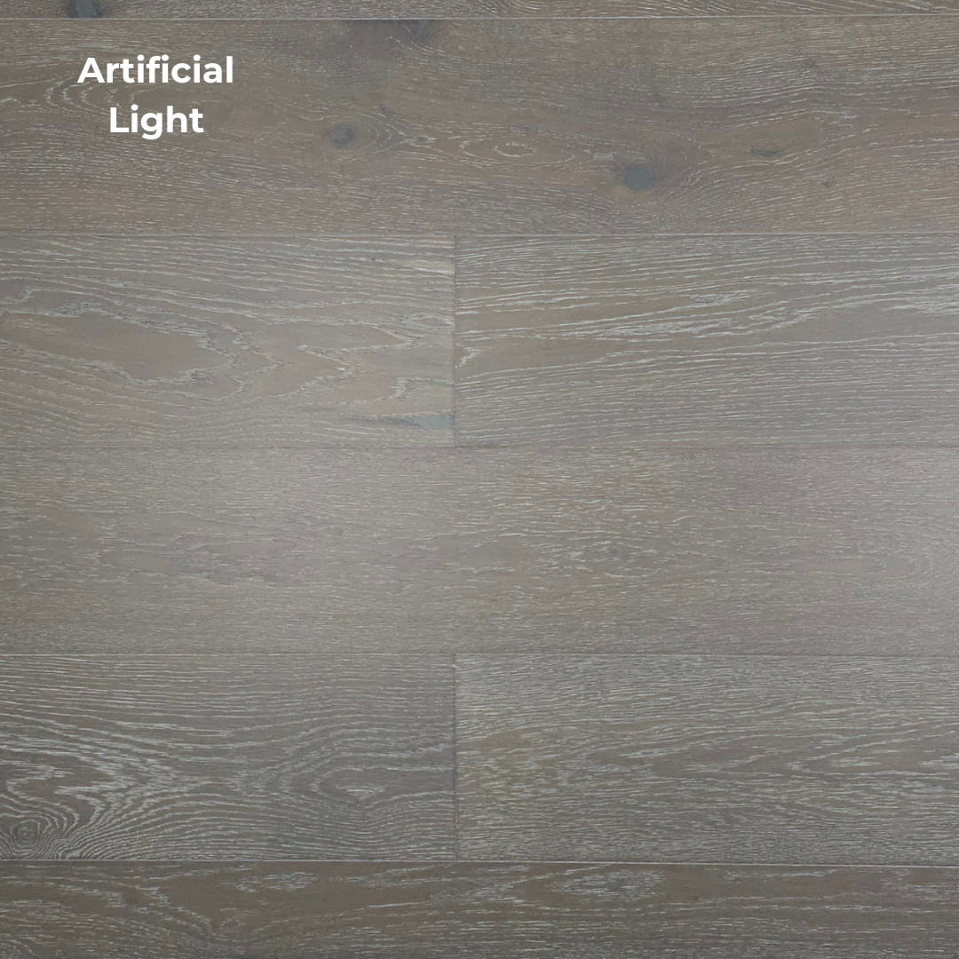 7 1/2" x 1/2" Engineered European Oak Royal Darjeeling Hardwood Flooring shown in artificial lighting.