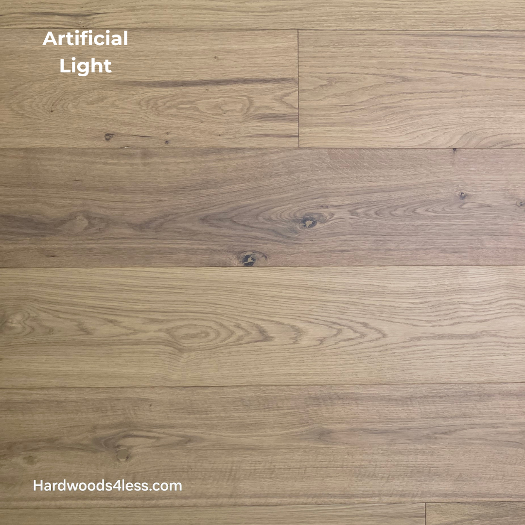 7 1/2" x 9/16" Engineered European Oak Rathlin Hardwood Flooring shown in artificial lighting
