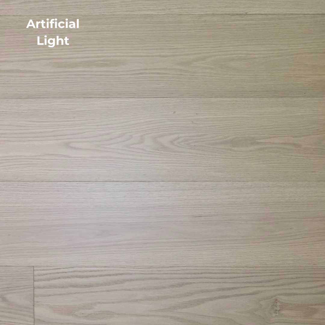 Artificial lighting on 9 1/2" x 5/8" Engineered Red Oak Oberon Hardwood Flooring