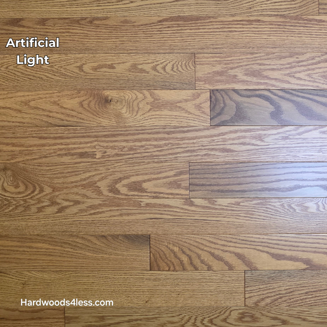 3 14 x 34 Solid Red Oak Blake Hardwood Flooring. Shown in artificial lighting.