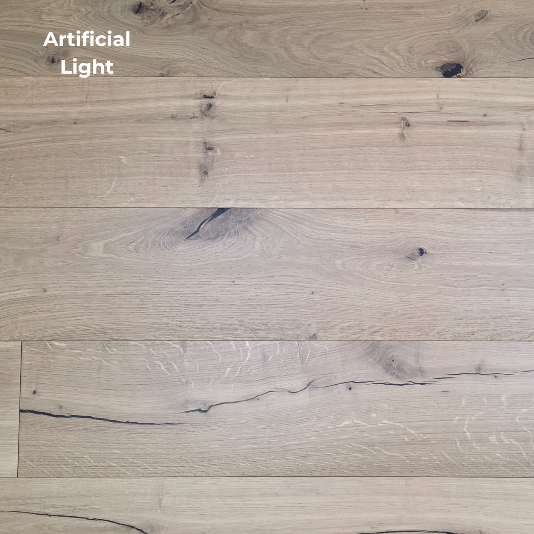 European White Oak hardwood flooring. shown in artificial light.