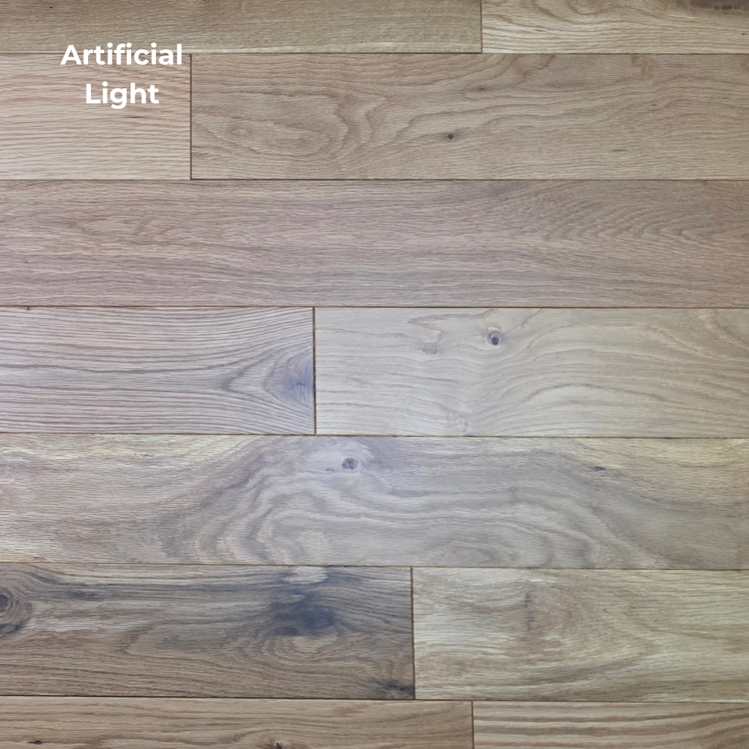 White Oak Hardwood Flooring close up with Artificial light label