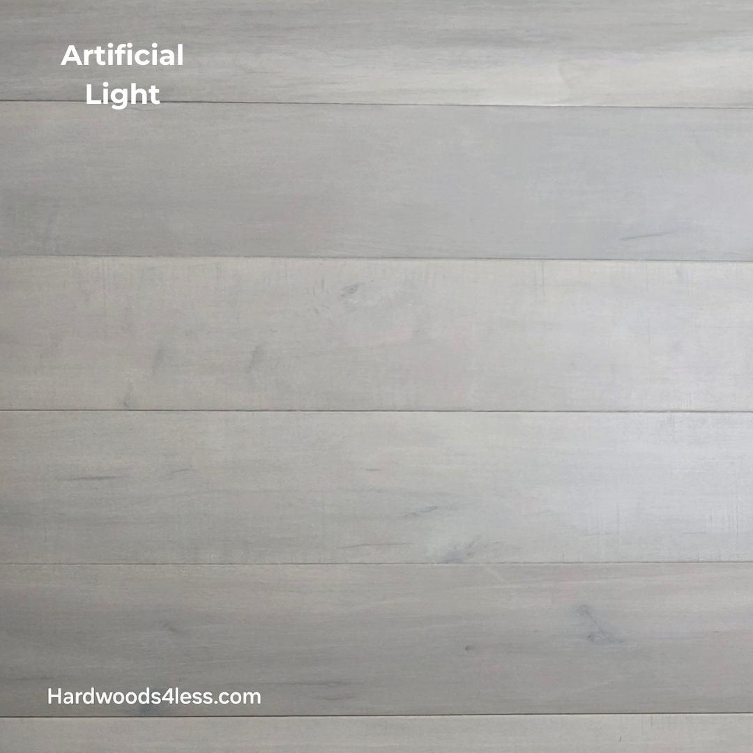 6 1/2" x 1/2" Engineered Maple Misty Moonlight Hardwood Flooring shown in artificial light.