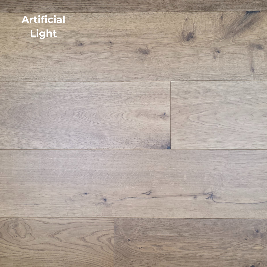 Engineered European Oak Titan Hardwood Flooring shown in artificial light