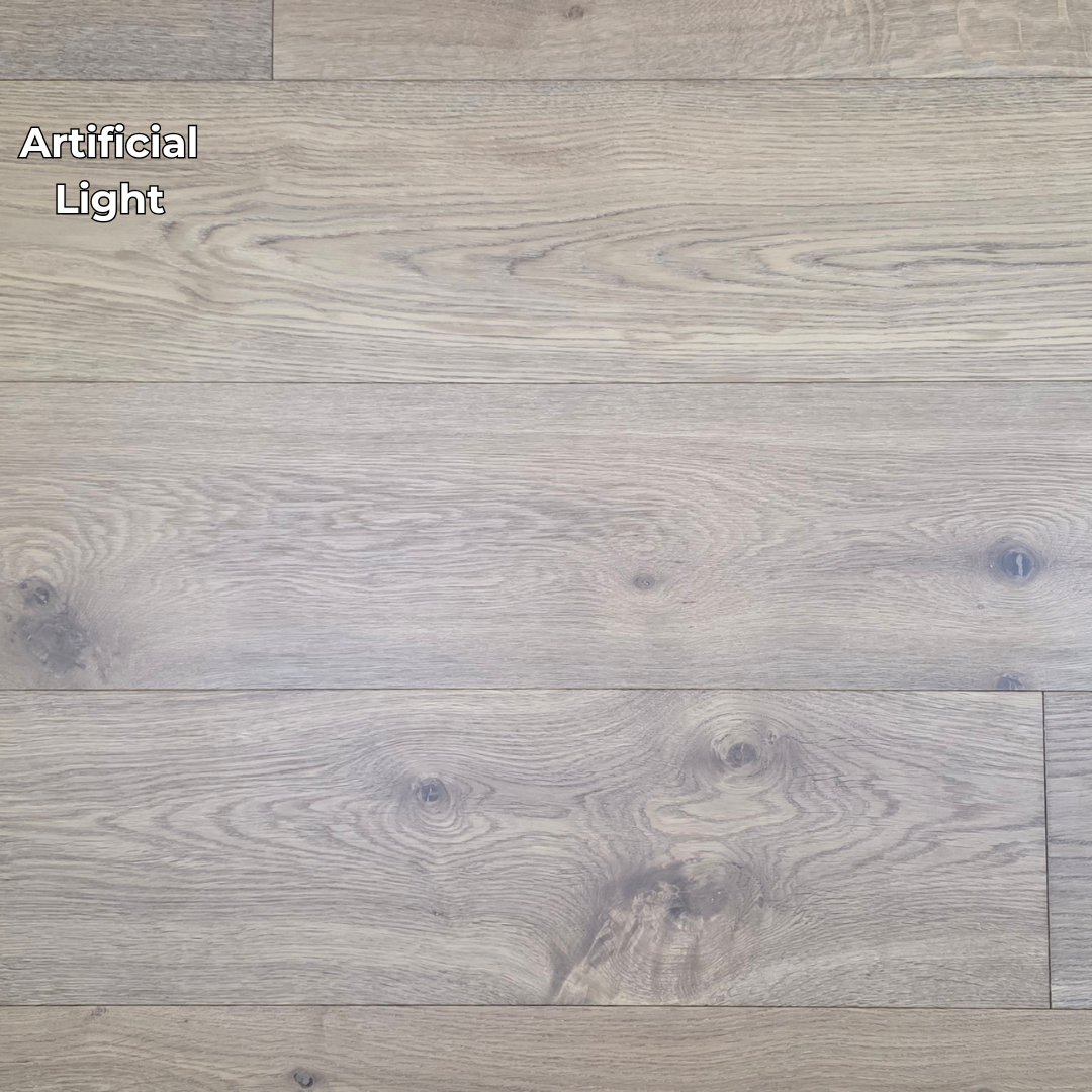 9 1/2" x 9/16" Engineered White Oak Oikos Hardwood Flooring. Shown in Artificial lighting.