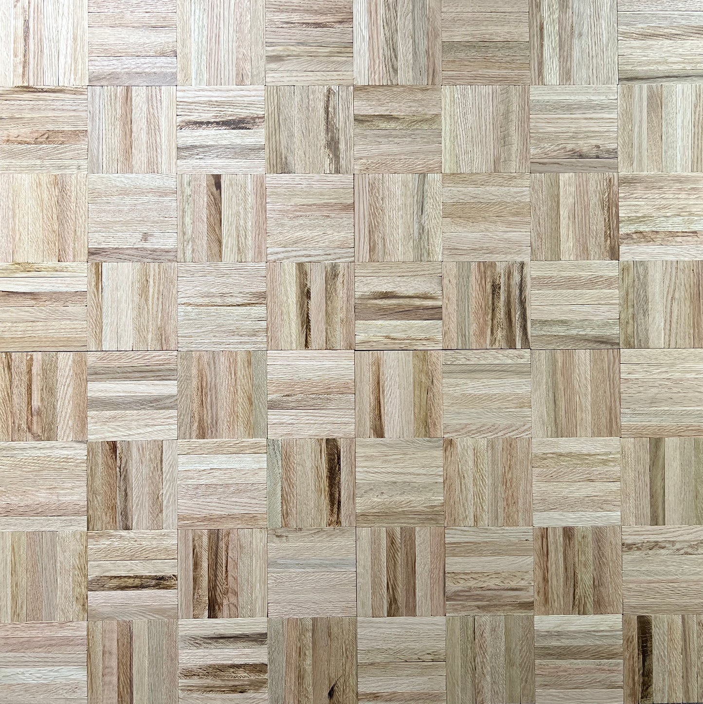 Unfinished Red Oak 6-slat Parquet Hardwood Flooring 4 tiles spread out close up