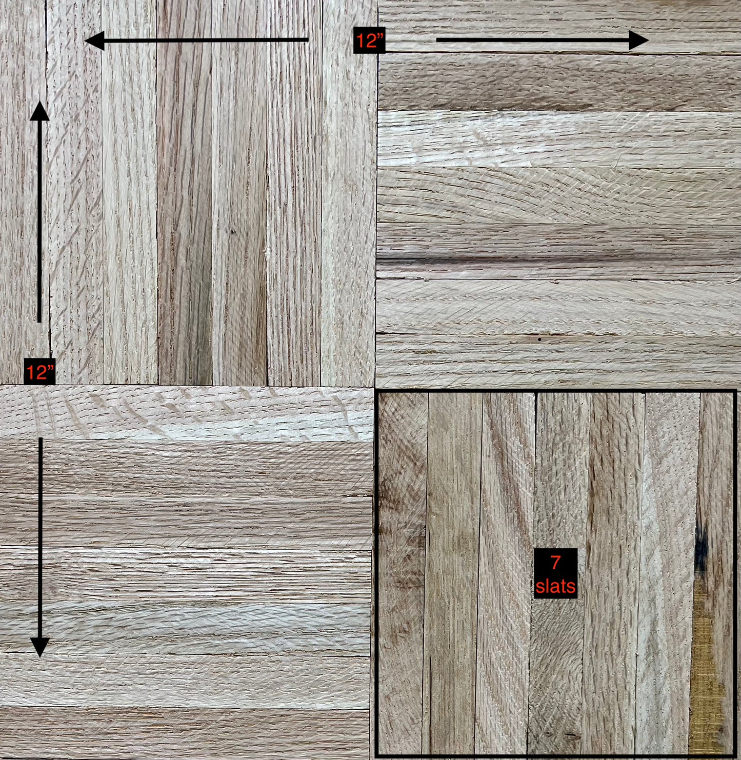 Unfinished Red Oak 7-Slat Parquet Hardwood Flooring shown with dimensions
