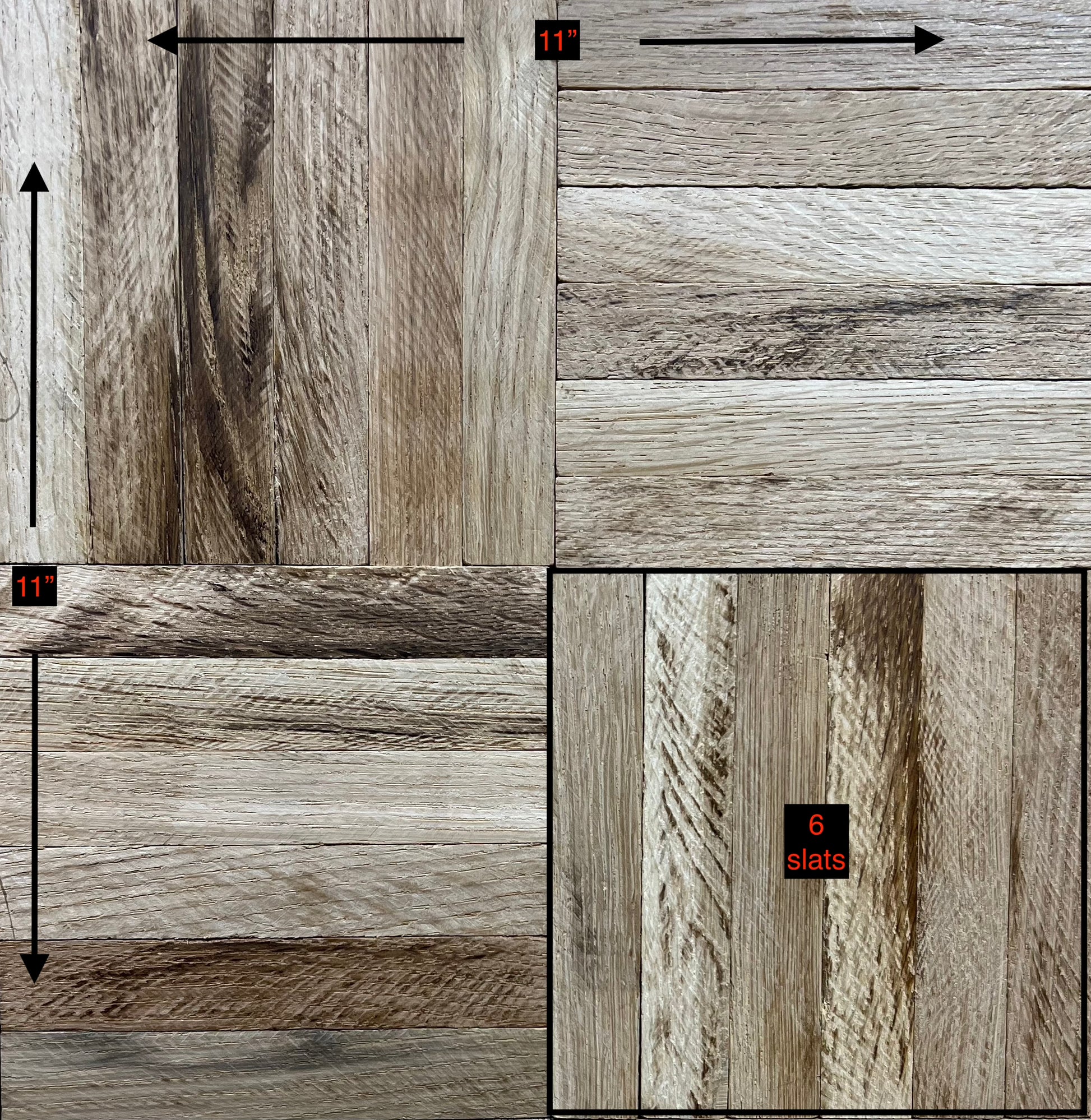 Unfinished White Oak 6-slat Parquet Hardwood Flooring shown with dimensions