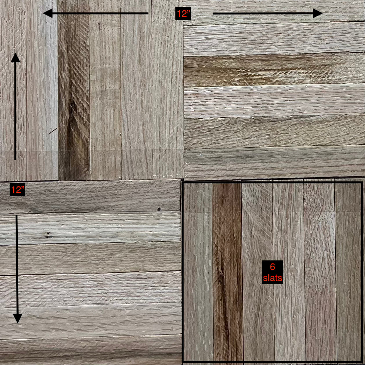 Unfinished Red Oak 6-slat Parquet Hardwood Flooring shown with dimensions