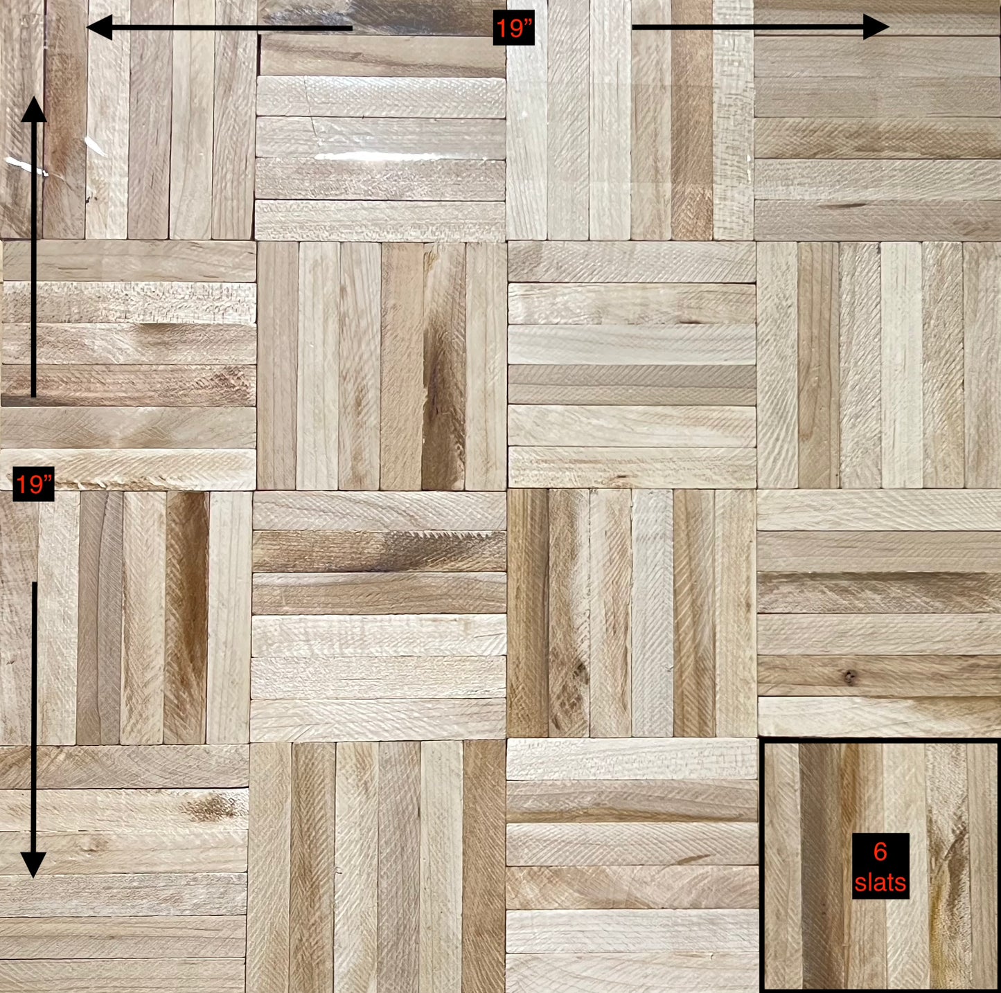 19" x 19" x 5/16" Unfinished Hard Maple 6-slat Parquet Hardwood Flooring with dimensions