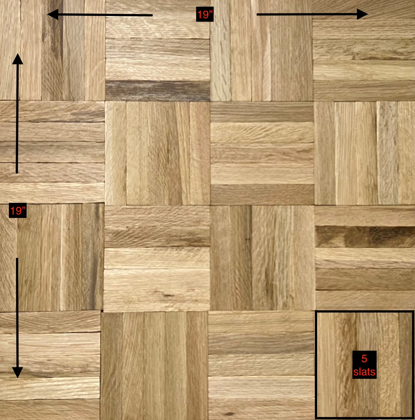 Unfinished White Oak 5-Slat Parquet Hardwood Flooring shown with dimensions