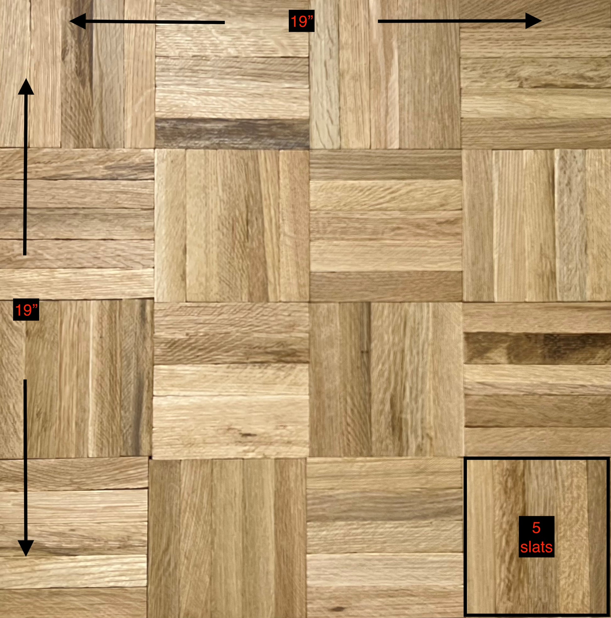 Unfinished White Oak 5-Slat Parquet Hardwood Flooring shown with dimensions