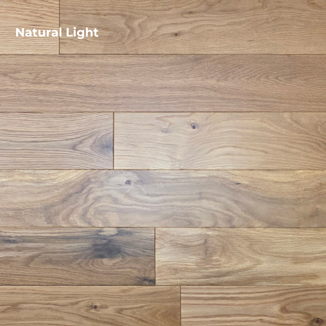 White Oak Hardwood Flooring close up with Natural light label