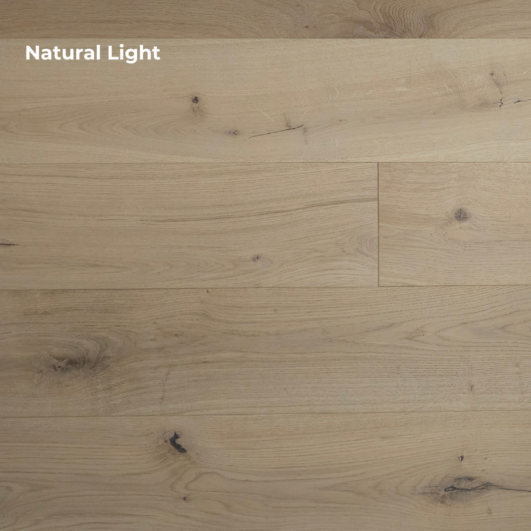 7 1/2" x 5/8" Engineered White Oak Horseherb Hardwood Flooring shown in natural lighting.