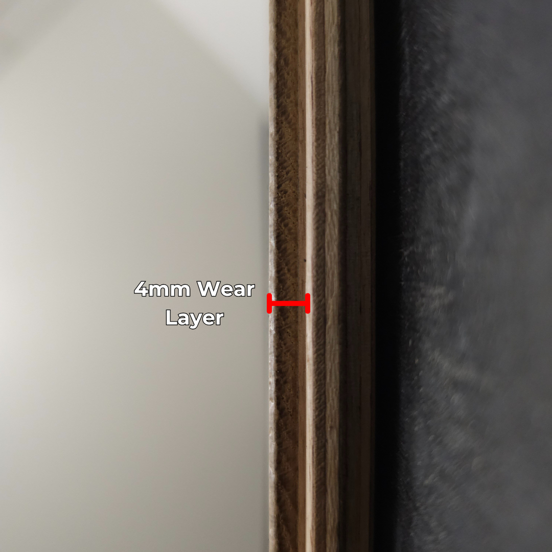 8 5/8" x 5/8" Engineered European Oak Voltaire Hardwood Flooring. Close up of the 4mm wear layer.
