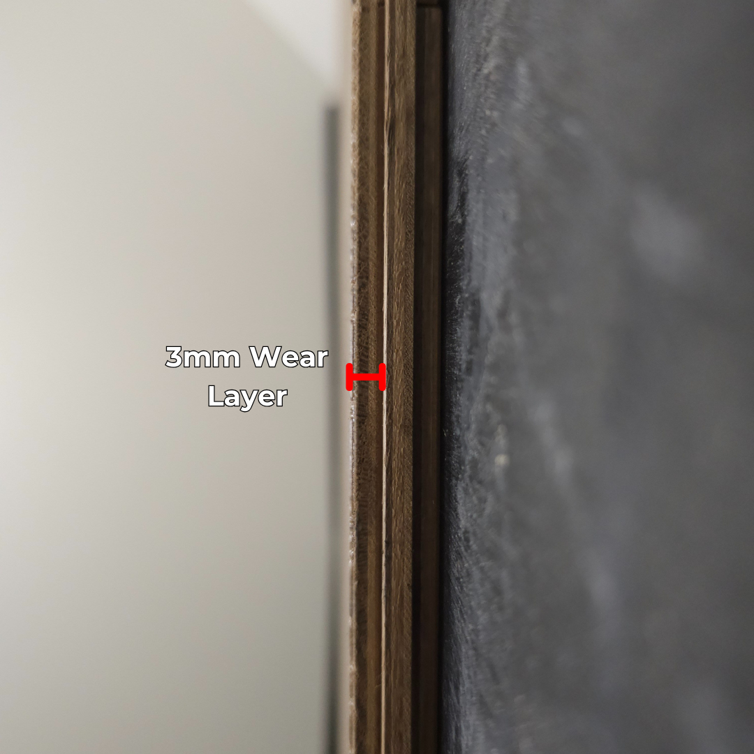 7 1/2" x 5/8" Engineered White Oak Yucca Hardwood Flooring shown as a close up image of the profile of a plank. This highlights the wear layer and construction.