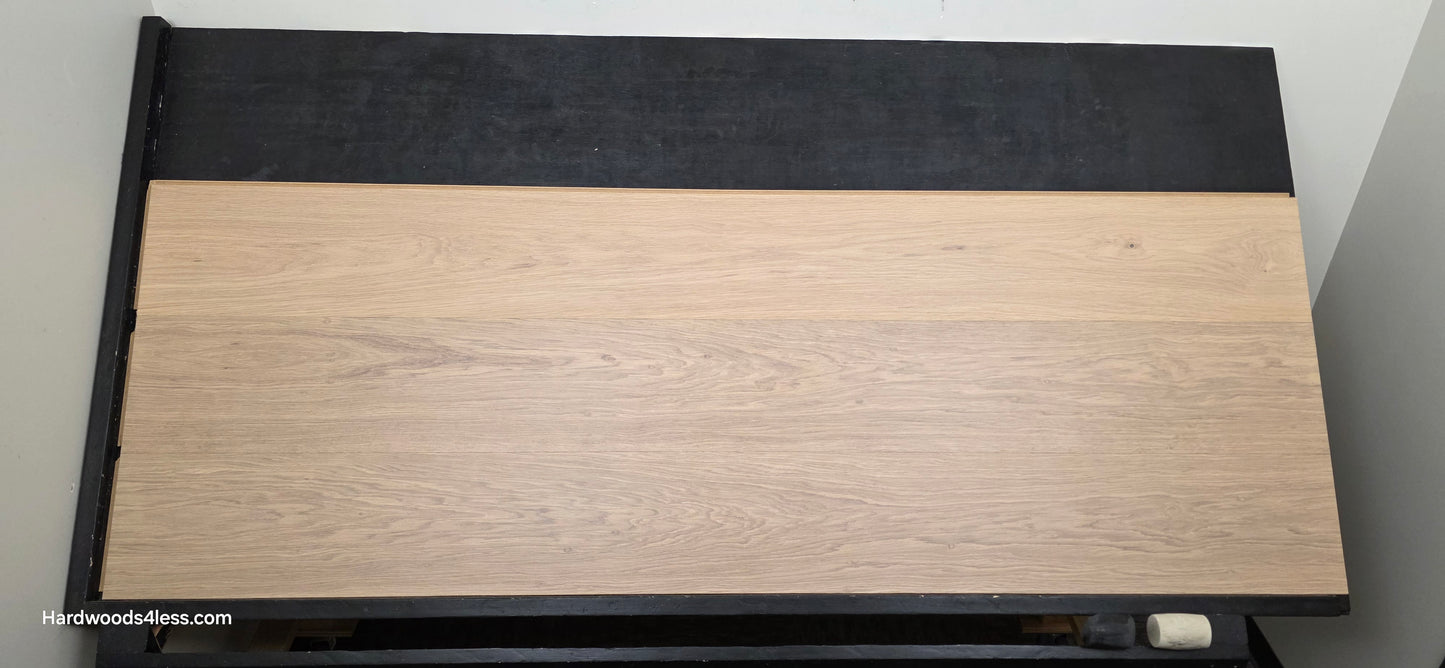 10.67" x 7/16" Modernized Engineered European Oak Gropius Hardened Hardwood Flooring. Shown on a black shooting table. Shot from center.